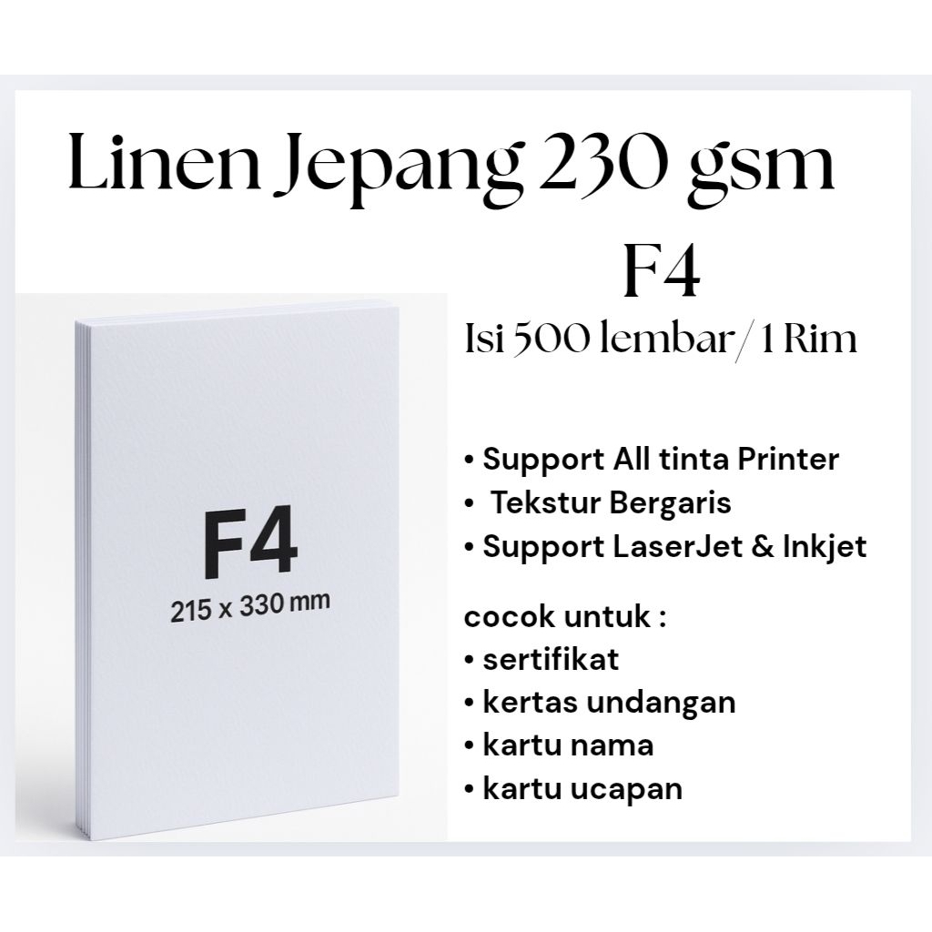 

Kertas Linen Jepang Premium Isi 1 Rim F4 230 gsm – Kertas Tebal Untuk Sertifikat, Undangan | Tekstur Elegan.