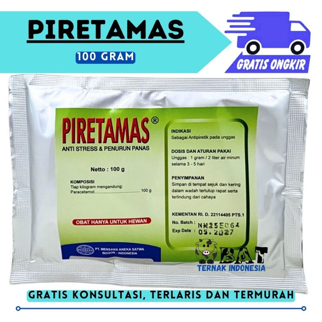 PIRETAMAS 100 GRAM – Mensana - Paracetamol Unggas Ayam Vitamin C Sorbitol Penurun Panas Gumboro CRD 