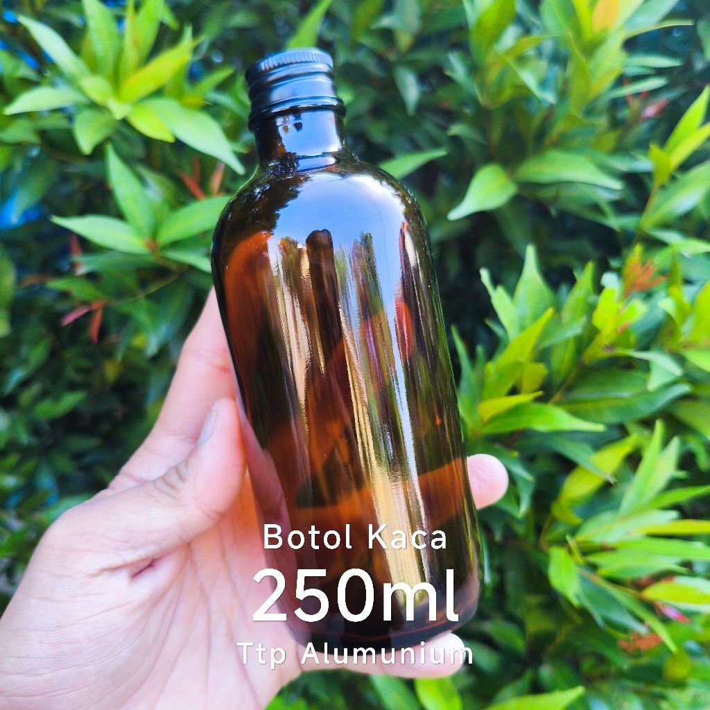 botol kaca coklat/amber 250ml tutup alumunium hitam