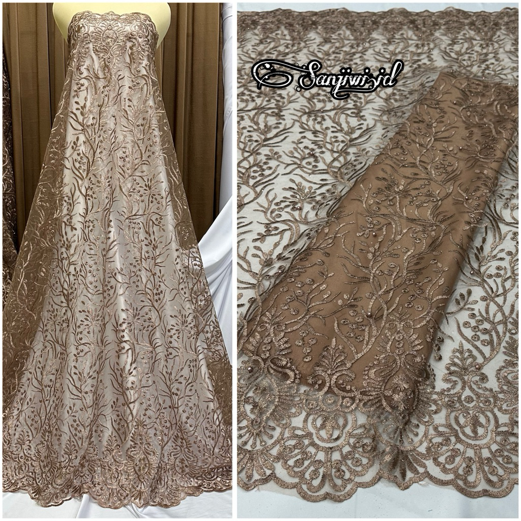 Kain tile tulle brokat brukat mutiara / kain tile akar mutiara pinggiran / bahan brukat mutiara akar