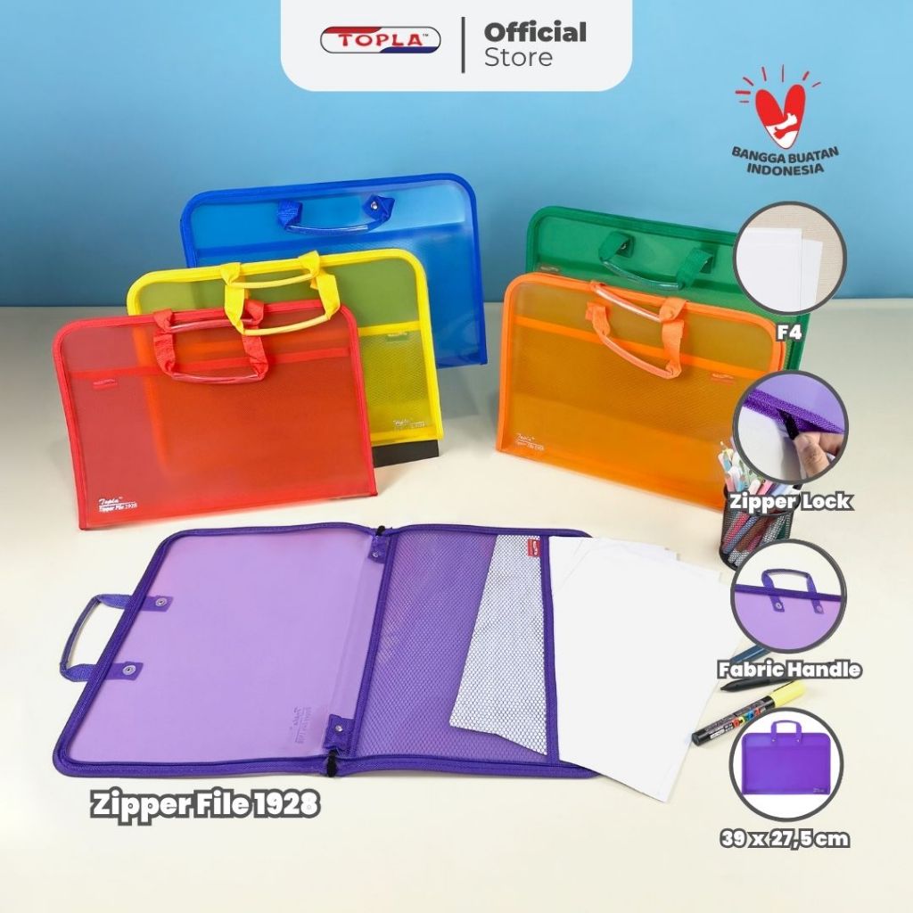 

TOPLA Zipper File 1928 - Tas Sekolah & Penyimpanan Dokumen F4 dengan Slot Jaring Alat Tulis