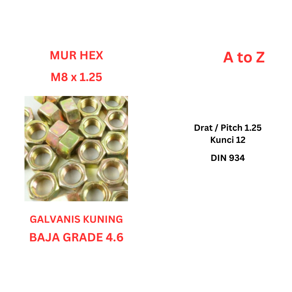 Mur Hex Kuning - M8 Drat P1.25 Kunci 12 Galvanis Grade Baja 4.6