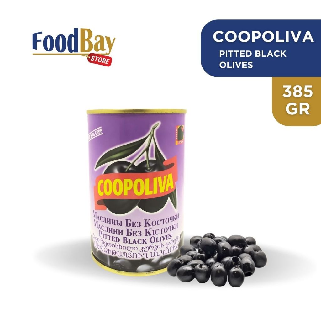 

COOPOLIVA Black Pitted Olives Buah Zaitun Hitam Utuh 385 Gr