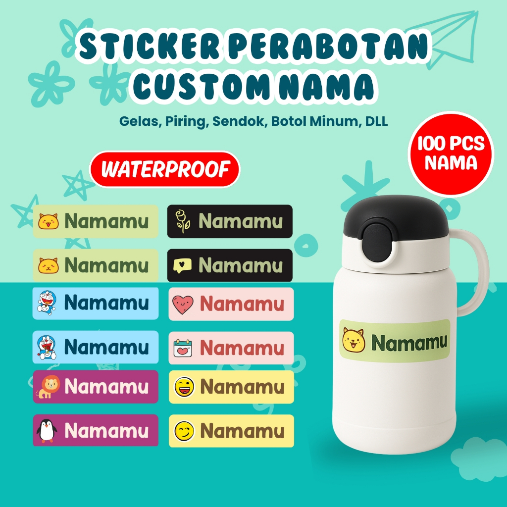 

100Pcs Sticker Custom Nama Piring Sendok Botol Barang Perabotan Stiker Ajaib Waterproof Timbul Label