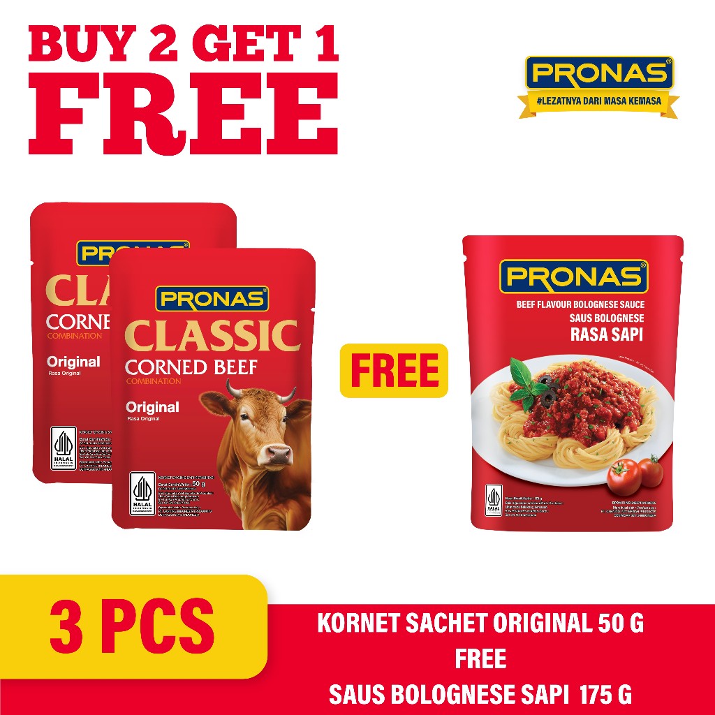 

[BUY 2 GET 1] PRONAS Kornet Sapi Sachet Original 50 g (2pcs) Free Bolognese Sapi 175 g (1pcs)