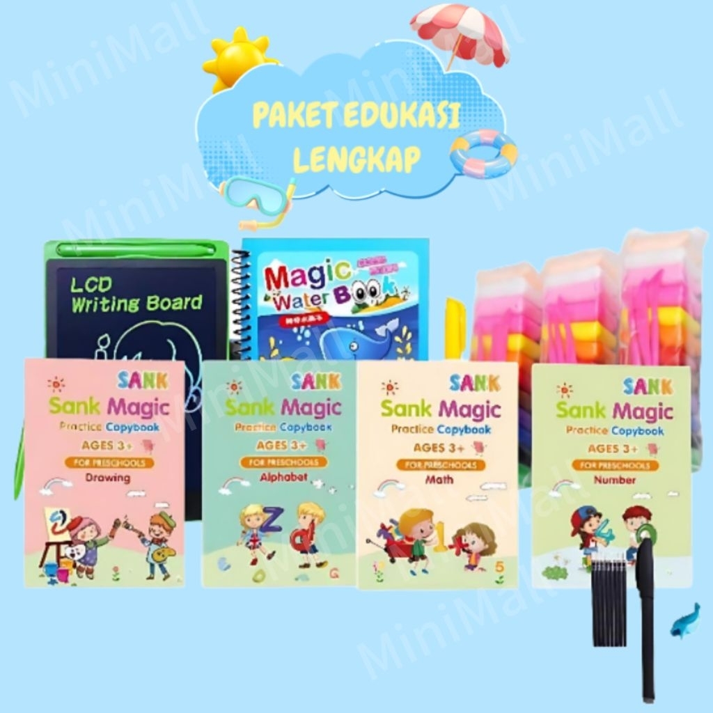 Paket Edukasi Anak Buku Belajar Anak Menulis Menghitung  Papan Lcd Tablet Clay Magic sank Paket Main