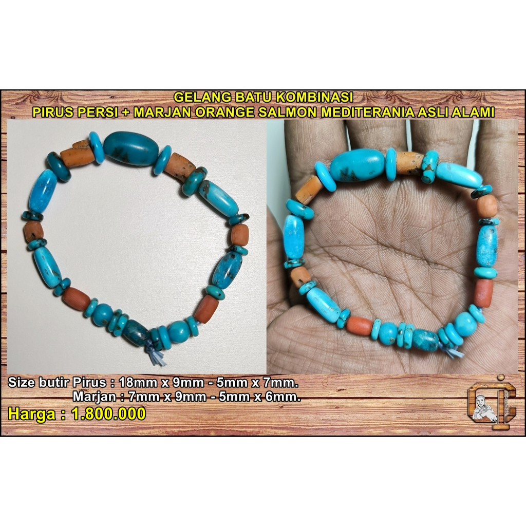 Gelang batu kombinasi pirus persi + marjan orange salmon mediterania asli alami.