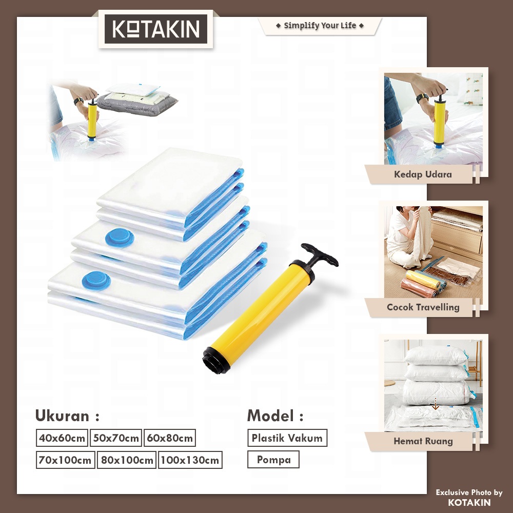 KOTAKIN Vakum Plastik Travel Pompa Manual Vacum Bag Penyimpanan Pakaian Selimut Koper Portable