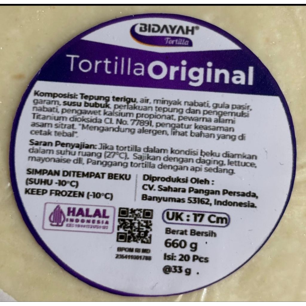

Kulit Tortilla Bidayah Size 17 Cm. 1 Pack Isi 20 Lembar