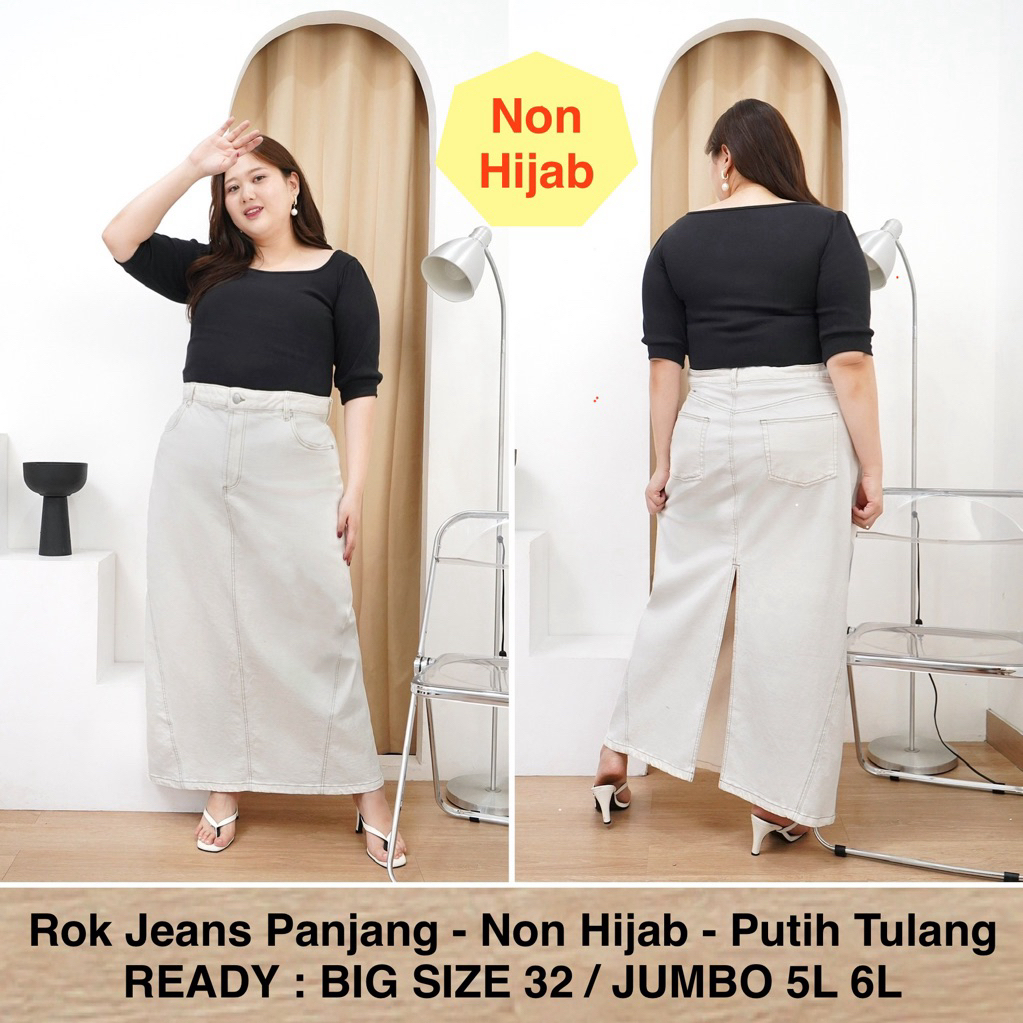 ROK JEANS PANJANG JUMBO - NON HIJAB - PUTIH TULANG