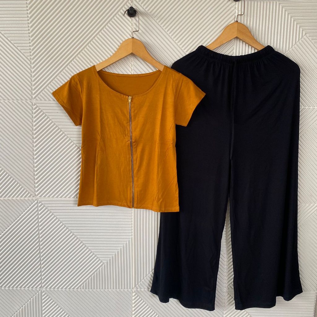 Setelan Celana Panjang Wanita / Set Atasan Zipper Tangan pendek / One set Kaos Resleting Depan Crop