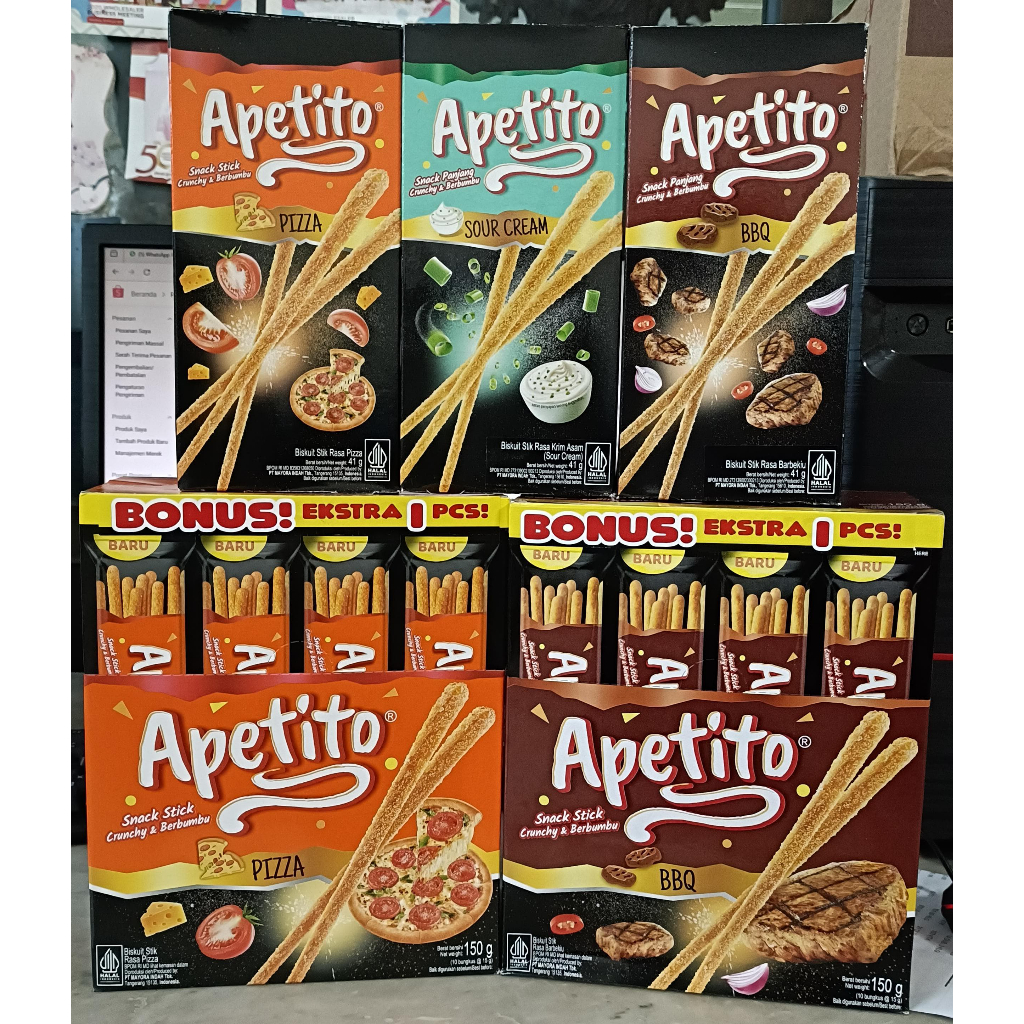

Apetito Snack Stick Crunchy & Berbumbu Pizza Sour Cream BBQ Biryani Pcs.