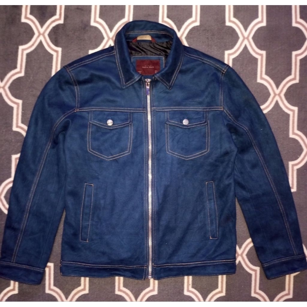 Jacket Zara man Bikers Riding Trucker leather Suede Navy