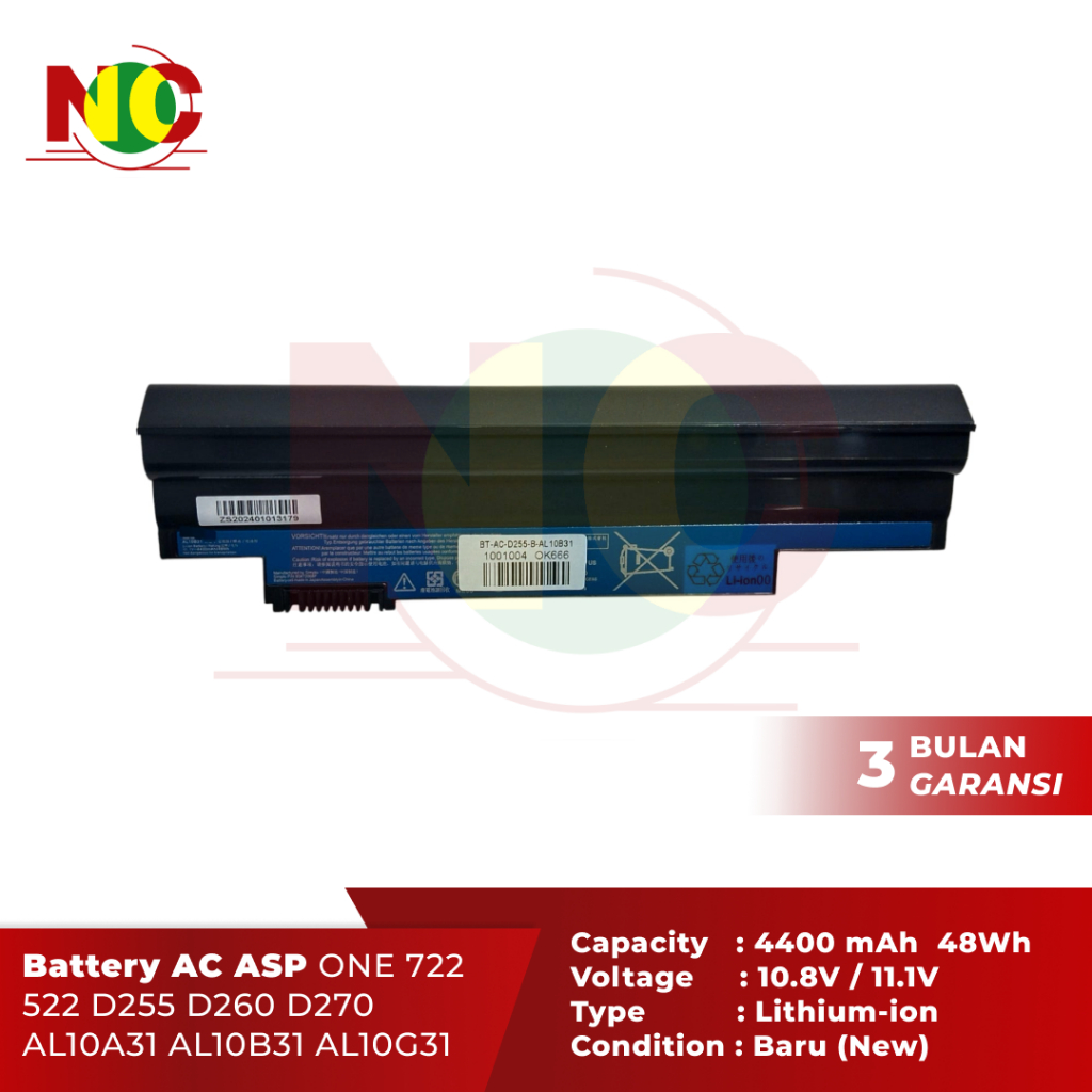 Battery AC Aspire One HAPPY D255 D260 D270 522 722 E100 AL10A31 AL10G31 AL10B31 AL10BW