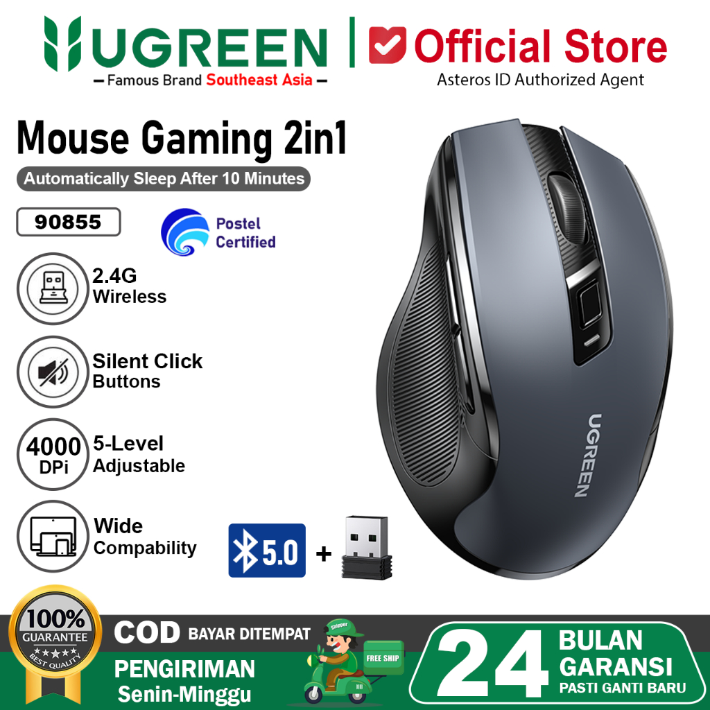 UGREEN Mouse Gaming Wireless 2.4G Dongle + Bluetooth Silent Click 5 level 4000 DPI