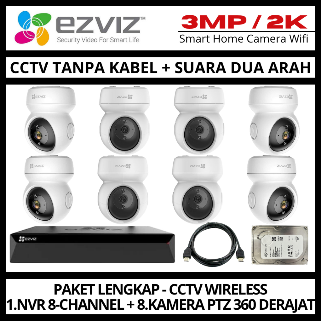 Paket CCTV EZVIZ 3MP 8 Channel 8 Kamera CCTV WIFI Camera Wireless Kamera Wifi