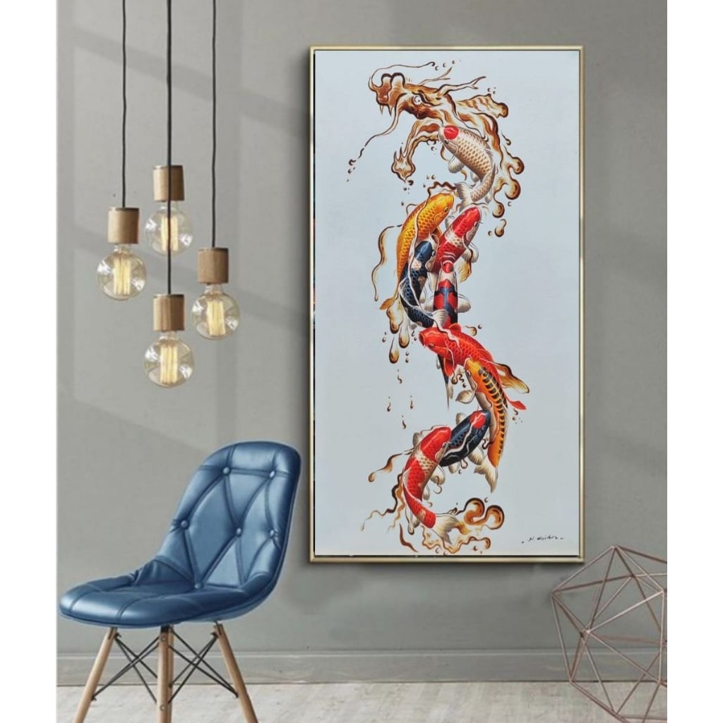 Lukisan dinding ikan koi motif naga