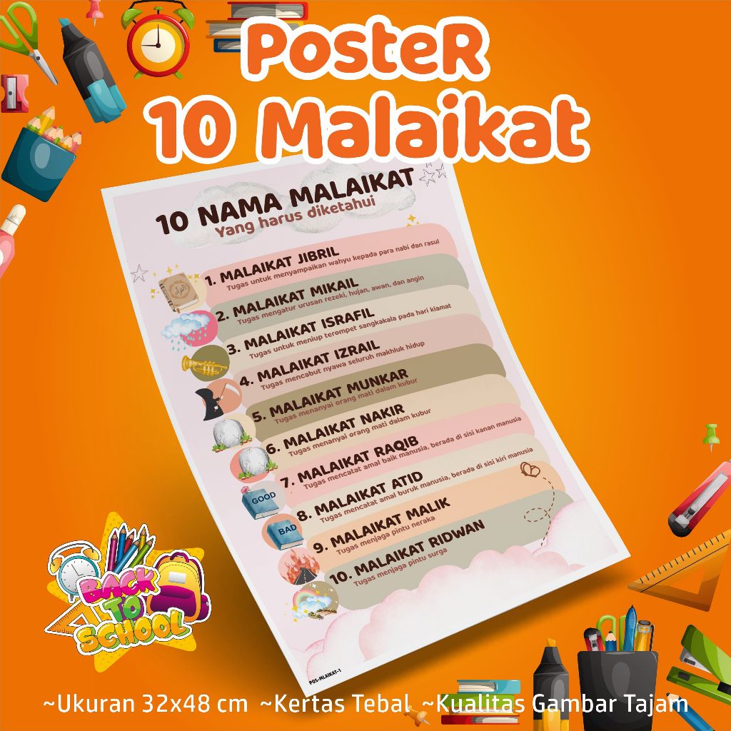 Poster Islami 10 Malaikat - Poster edukasi anak islami nama malaikat