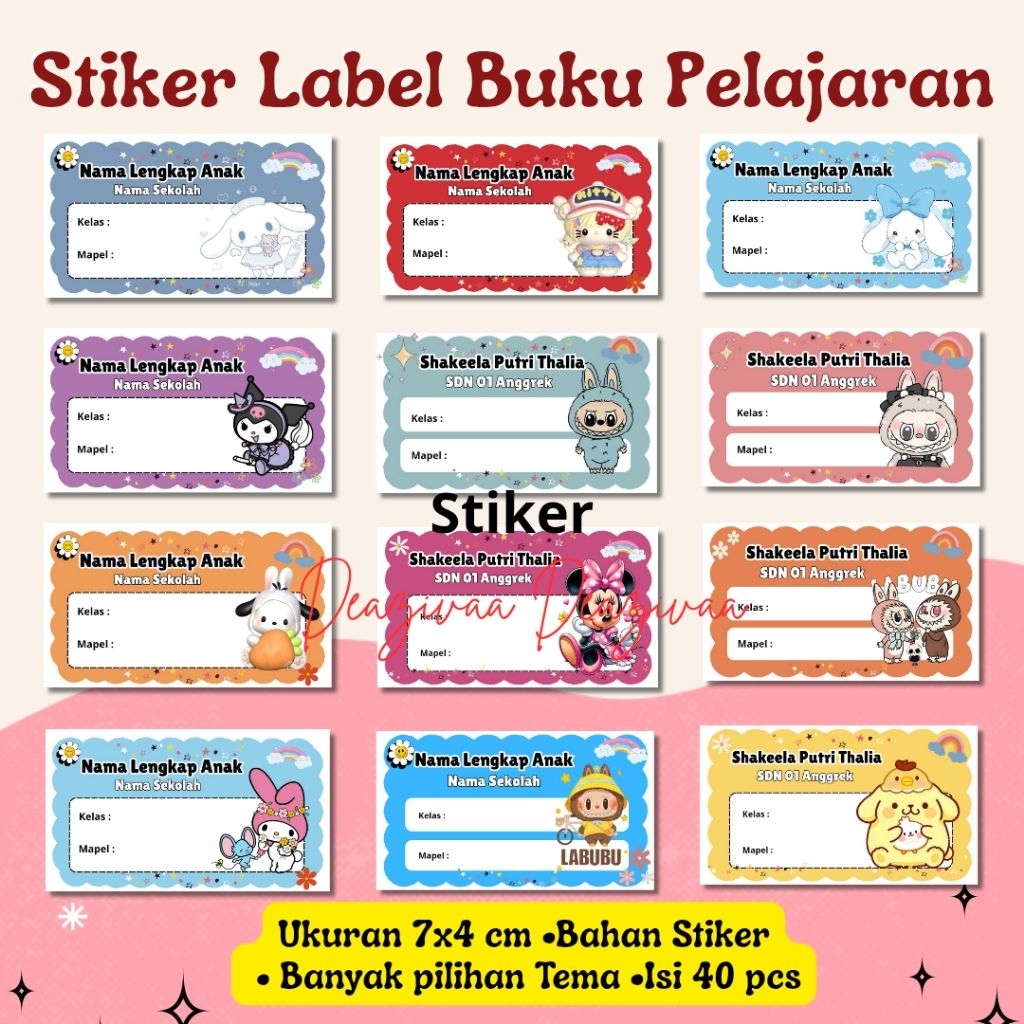 

(Isi 40pcs) Stiker Buku Mata Pelajaran Labubu - Kuromi & Sanrio | Stiker Mapel Custom Nama