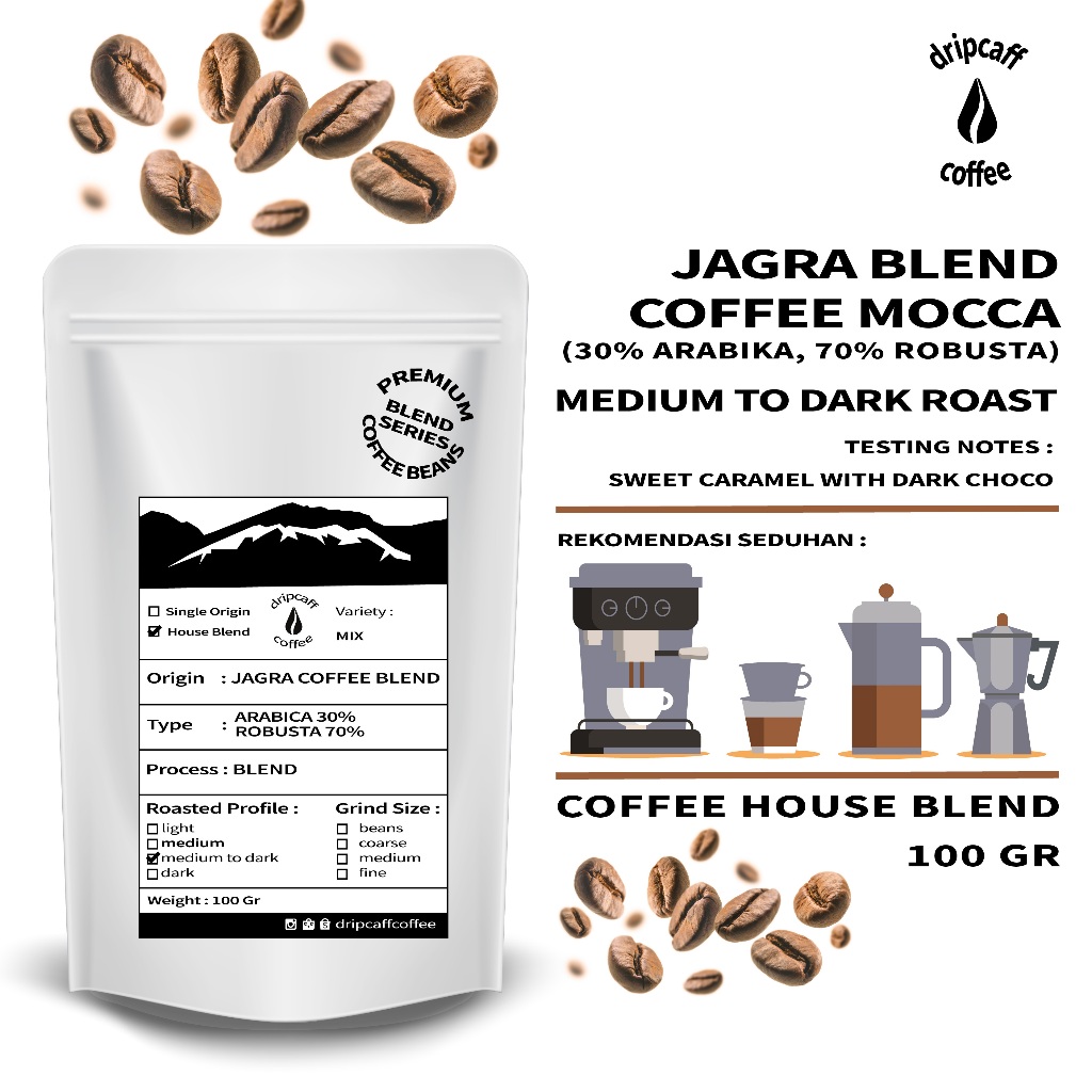 

DRIPCAFF Jagra Blend Kopi Mocca 120 Gram Arabika Robusta 30 70 Bean Asli Premium Biji / Bubuk Halus