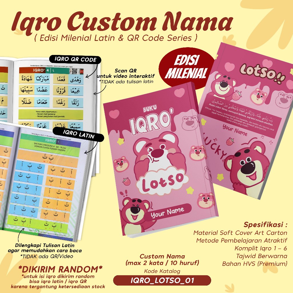 IQRO MILENIAL ANAK CUSTOM DESAIN KARAKTER LOTSO / BUKU IQRO MILENIAL TAJWID BERWARNA SOFTCOVER LENGK
