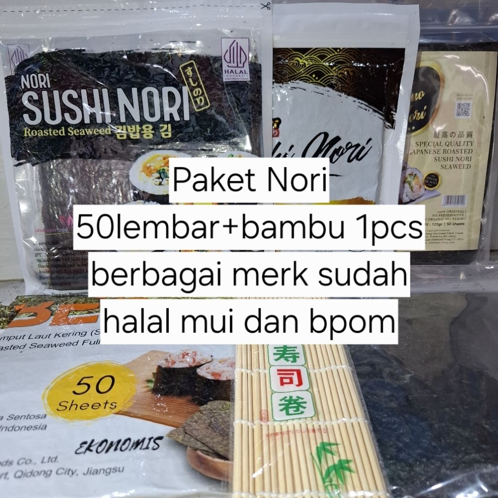 

[SALE TERMURAH] Paket bahan sushi nori 50 lembar + bambu 1pcs halal rumput laut seaweed sudah halal mui dan bpom rumput laut termurah promo sale terlaris