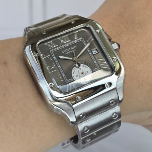 SANTOS DUAL TIME SILVER AUTOMATIC CASE KOTAK RMOAN NUMBER STELL JAM CTR AUTOMATIC