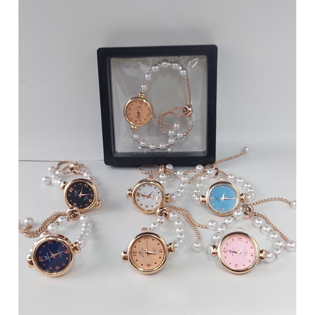 JAM TANGAN FASHION WANITA MIRETE ORIGINAL GELANG SERUT MUTIARA FREE BOX