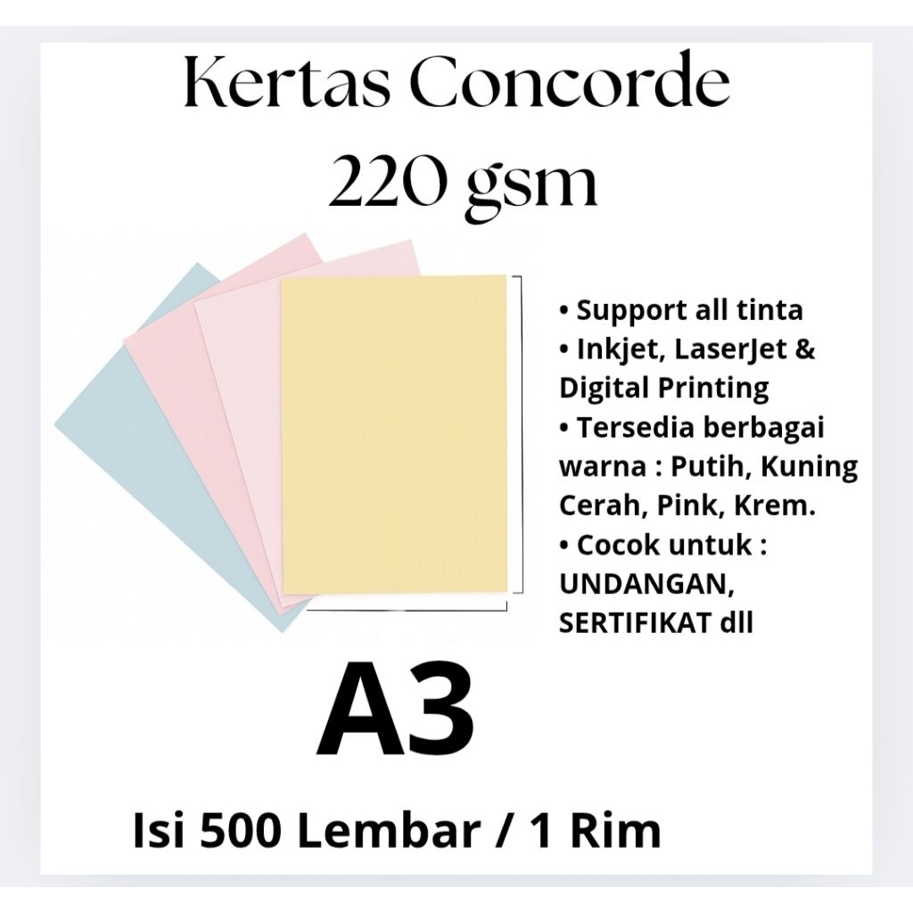 

Kertas Concorde A3 220 GSM Isi 500 Lembar / 1 Rim - Kertas Undangan Sertifikat Elegan