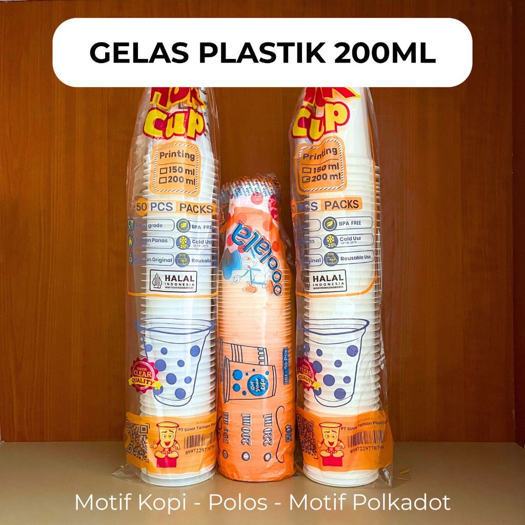 (Grosir) Gelas Plastik 200ml Motif Polkadot Kopi Polos Halal Wadah Minuman Es Buah Acara Sampel
