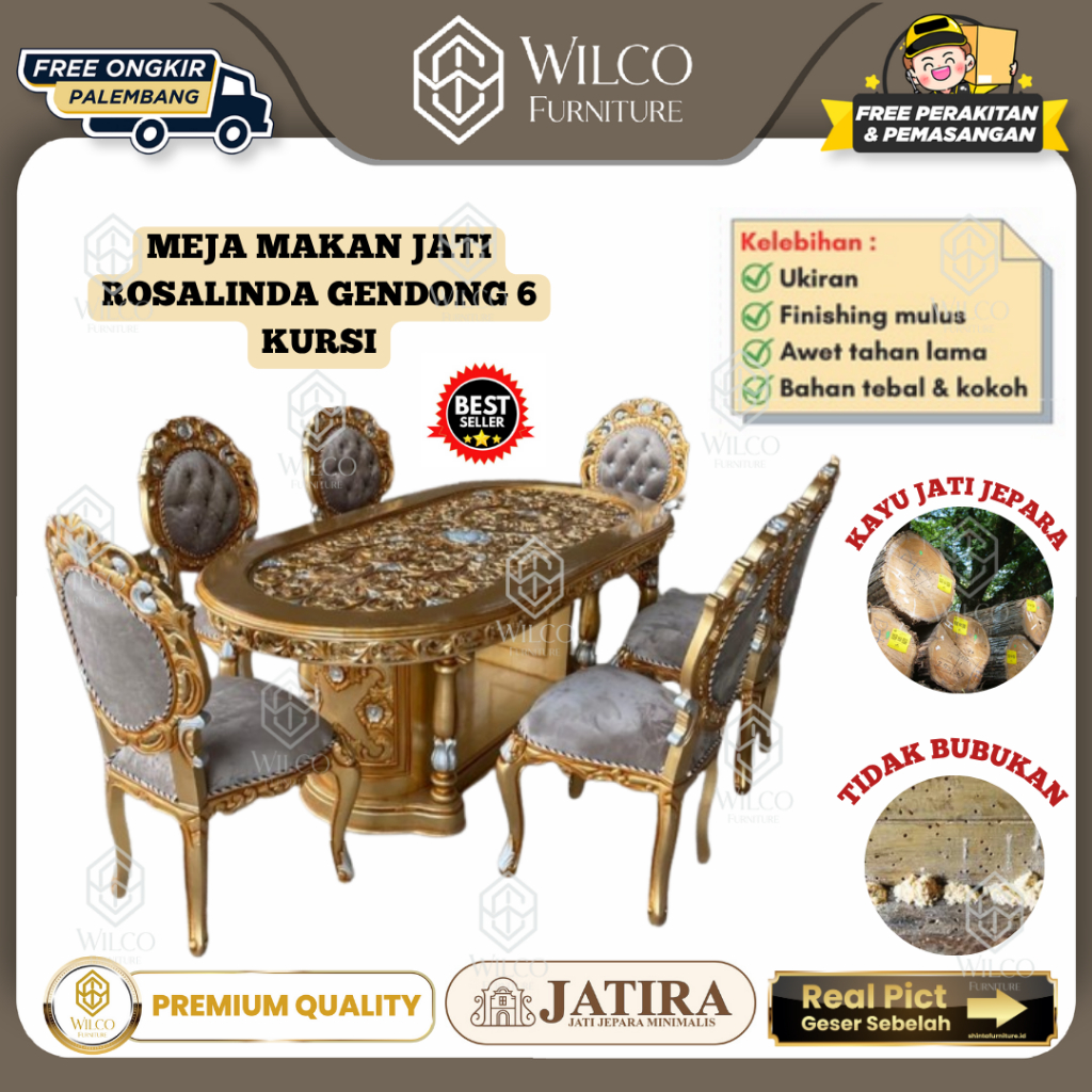 Meja Makan Rosalinda Gendong Oval Ukir Jati 6 Kursi | Meja Makan Jumbo Ukir Murah Palembang