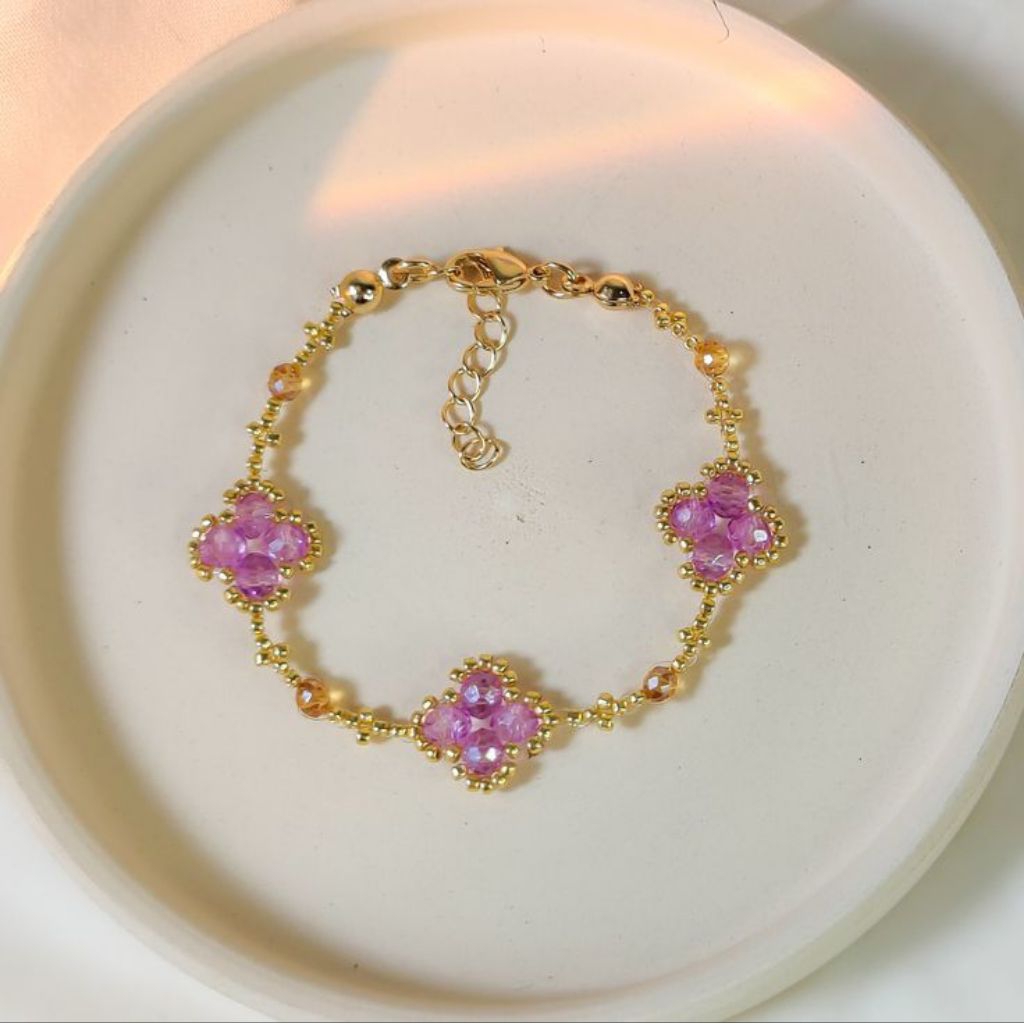Gelang Bunga Kristal Ungu Handmade | Gelang Manik Emas Elegan Wanita