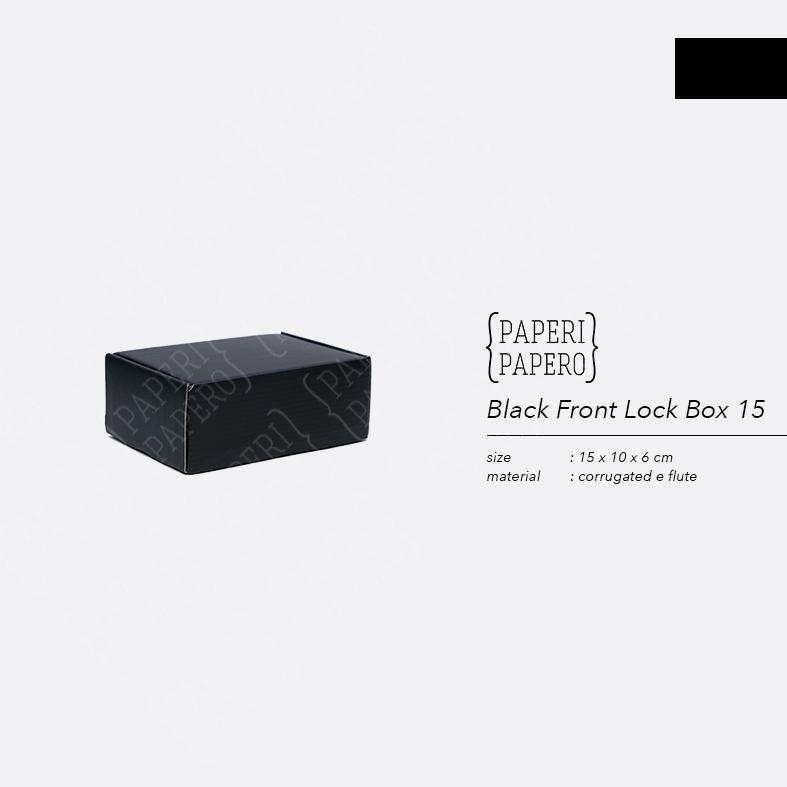 

Black Front Lock Box (15 x 10 x 6 cm) - Packaging Kardus Hitam Kaos / Kue Premium