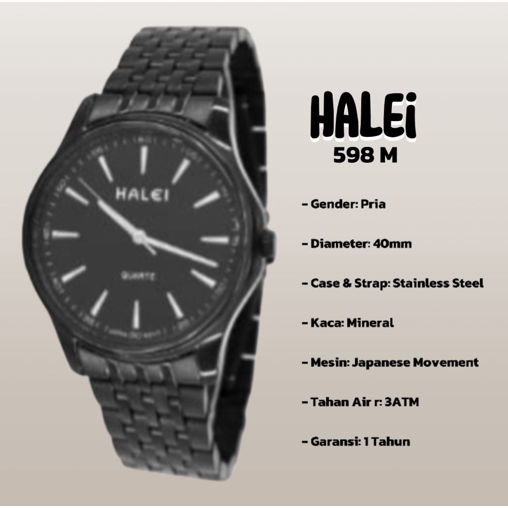 halei 598 M jam tangan pria halei original fashion casual analog rantai stainless anti air