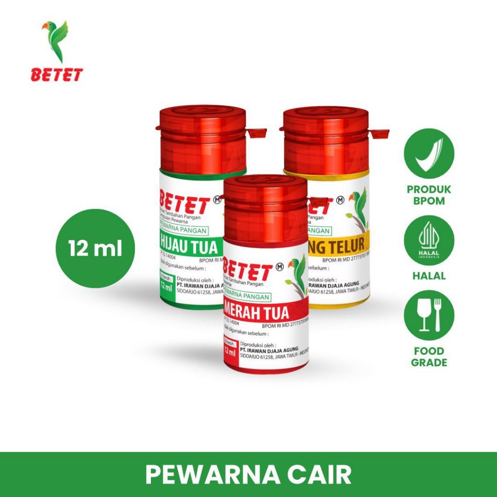 

BETET - Pewarna Pangan Cair Hijau, Kuning, Merah 12ml | Pewarna Makanan BPOM, Halal & Food Grade untuk Kue & Minuman