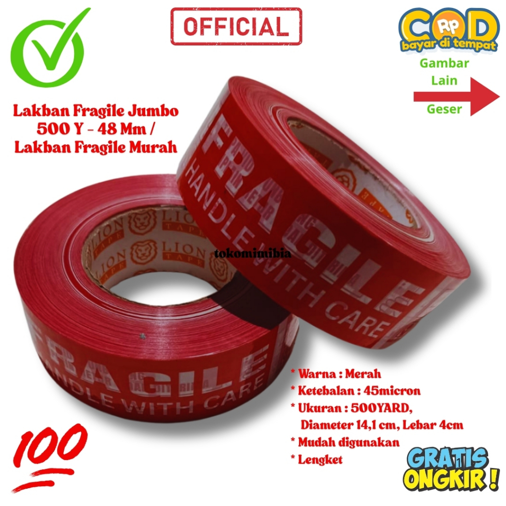 

Isolasi Fragile 48mm X 500y / Lakban Fragile 48mm X 500 Yard / Lakban Fragile Jumbo 48 Mm X 500 Y