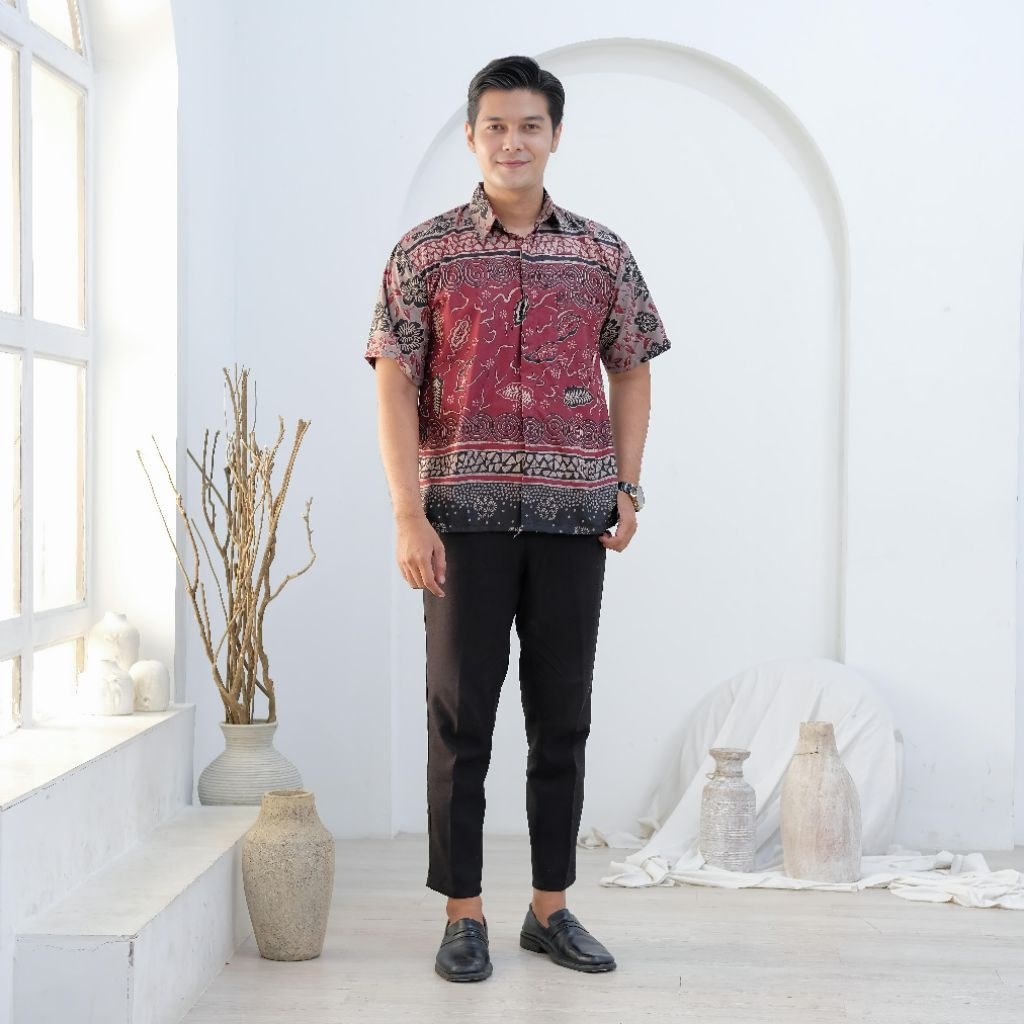 Baju Batik Pria Lengan Pendek / Baju Batik Pria / Kemeja Batik Pria Hem Puser Merah
