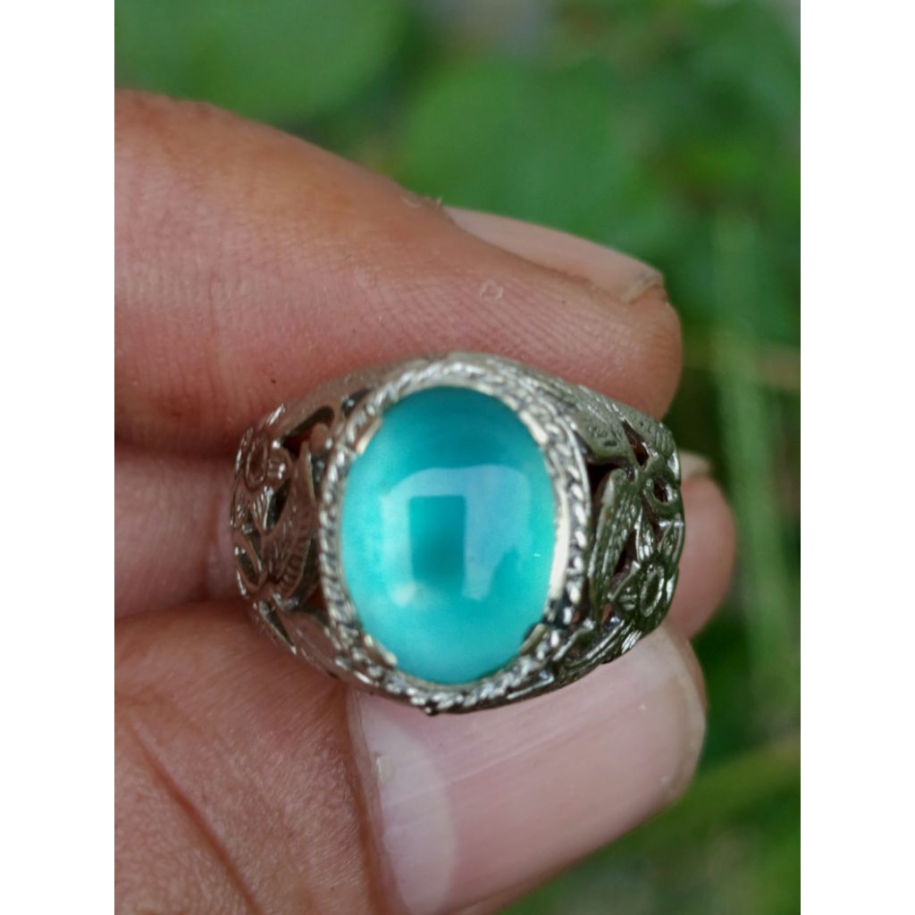 Batu Akik Natural Bacan Palamea Segar Full Kristal Giwang Serat Halus Dim-13 Ring Alpaka Super