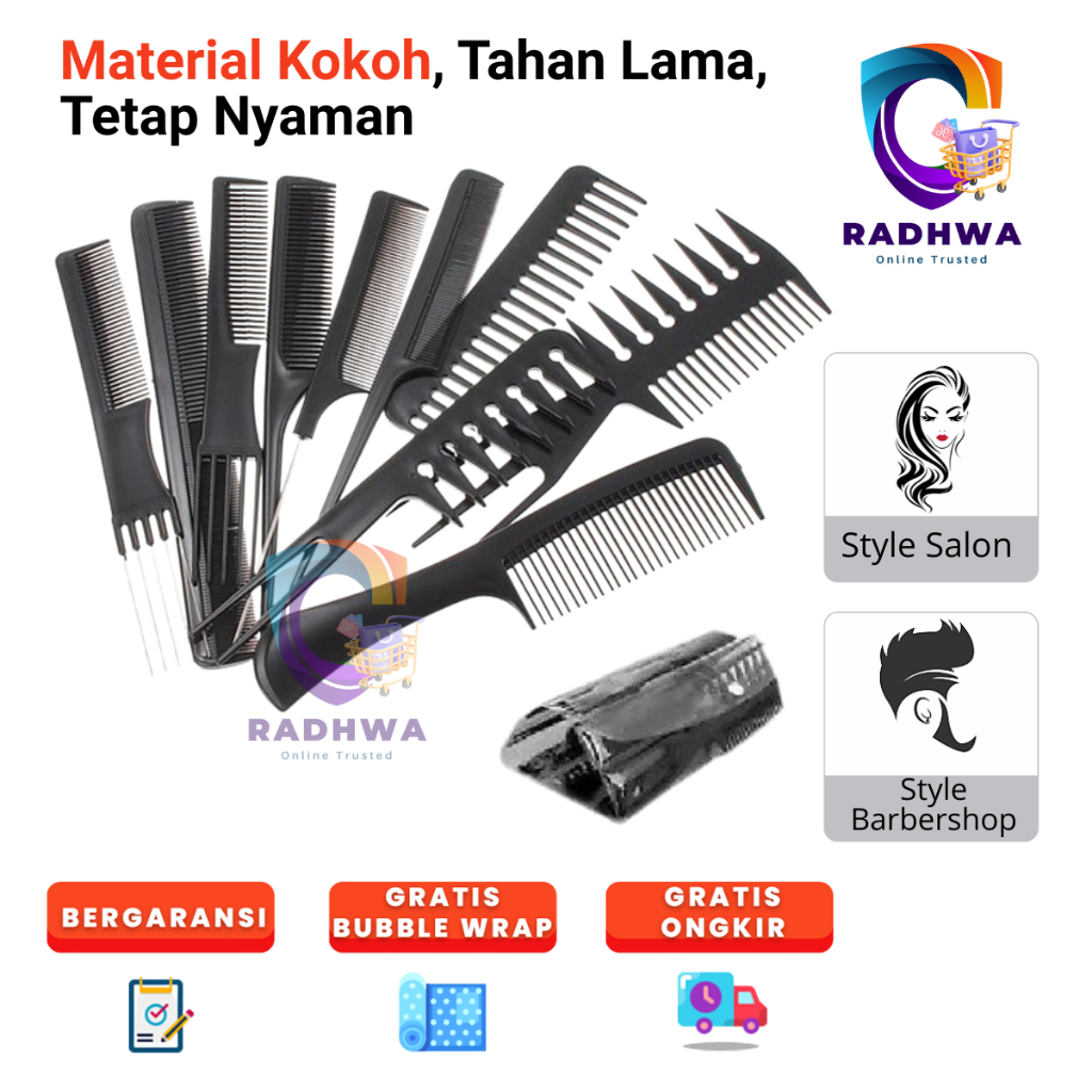 Sisir Rambut Wanita Pria 1 set isi 10 pcs / Sisir Rambut Babershop / Sisir Set 10