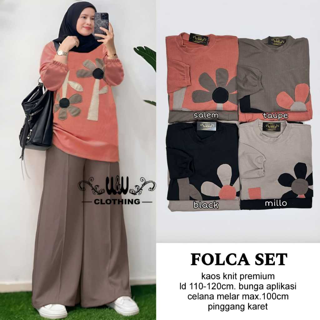 FOLCA Baju Setelan Jumbo Celana Kulot Set Wanita Kaos Knit Premium Motif Bunga Cantik Premium