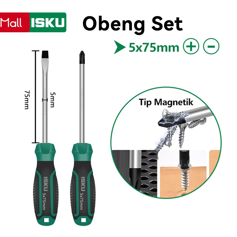 ISKU Obeng Set 2pcs 5 Inch Ukuran 5*75mm Screwdriver Set Tip Magnetik Bahan Chrome Vanadium Obeng Se