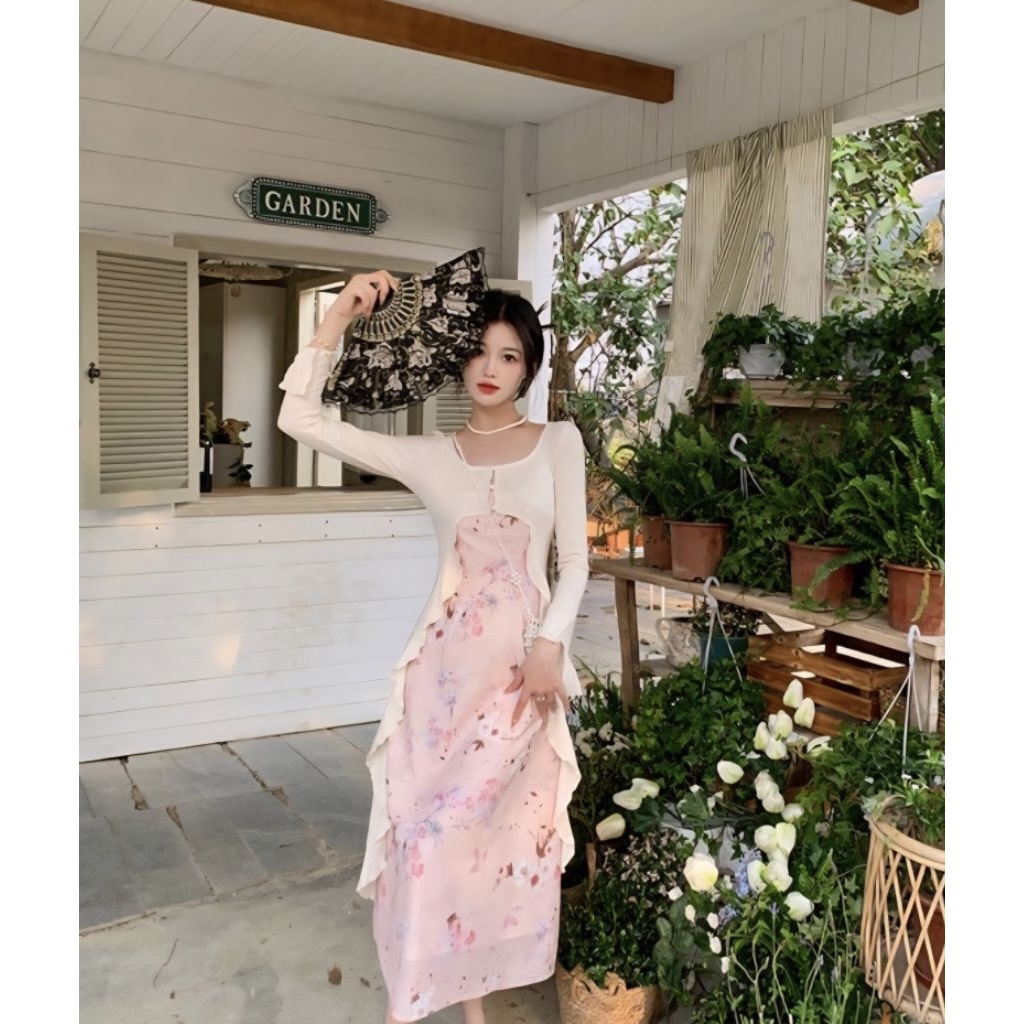 one set dress cardigan | pink flower dress | pink korean dress | long cardigan