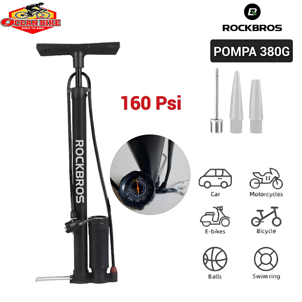 Pompa Udara Rockbros 380G 160 PSI untuk Ban Sepeda, Motor, Bola & Sofa Angin - Hitam