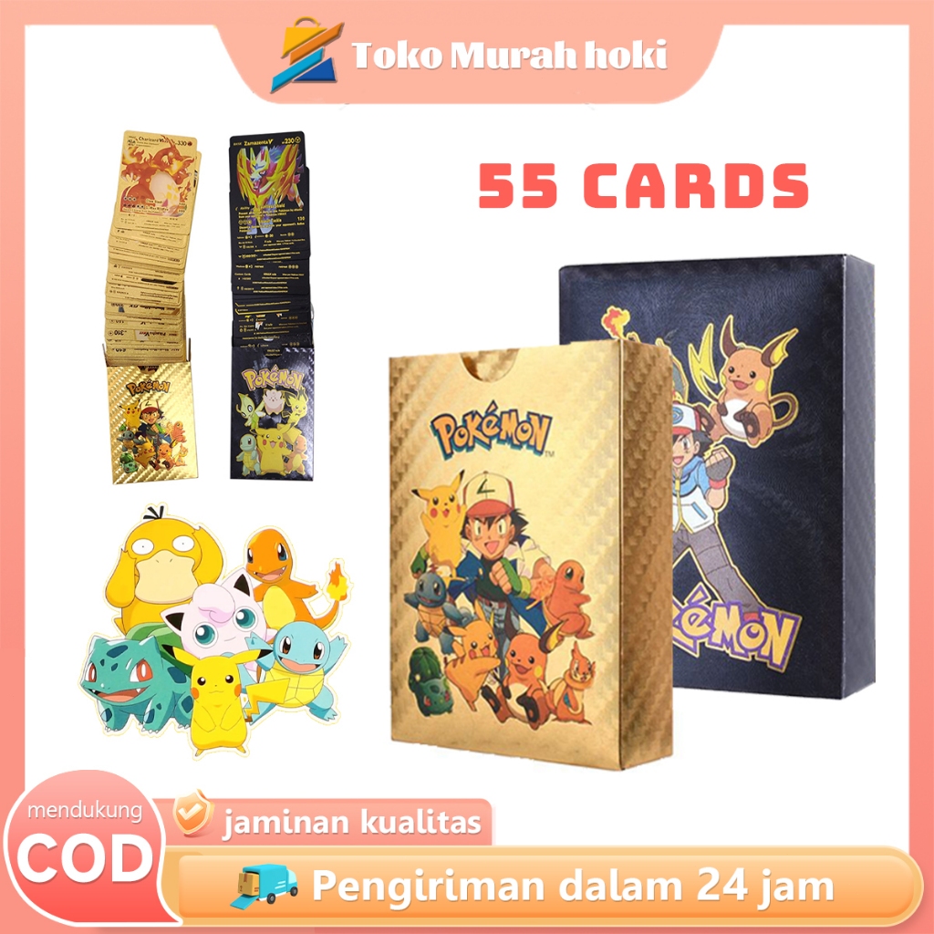 55pcs Kartu Pokemon Gold Silver Koleksi Kartu Pokemon Bahasa Inggris Pokemon Cards Tahan Air