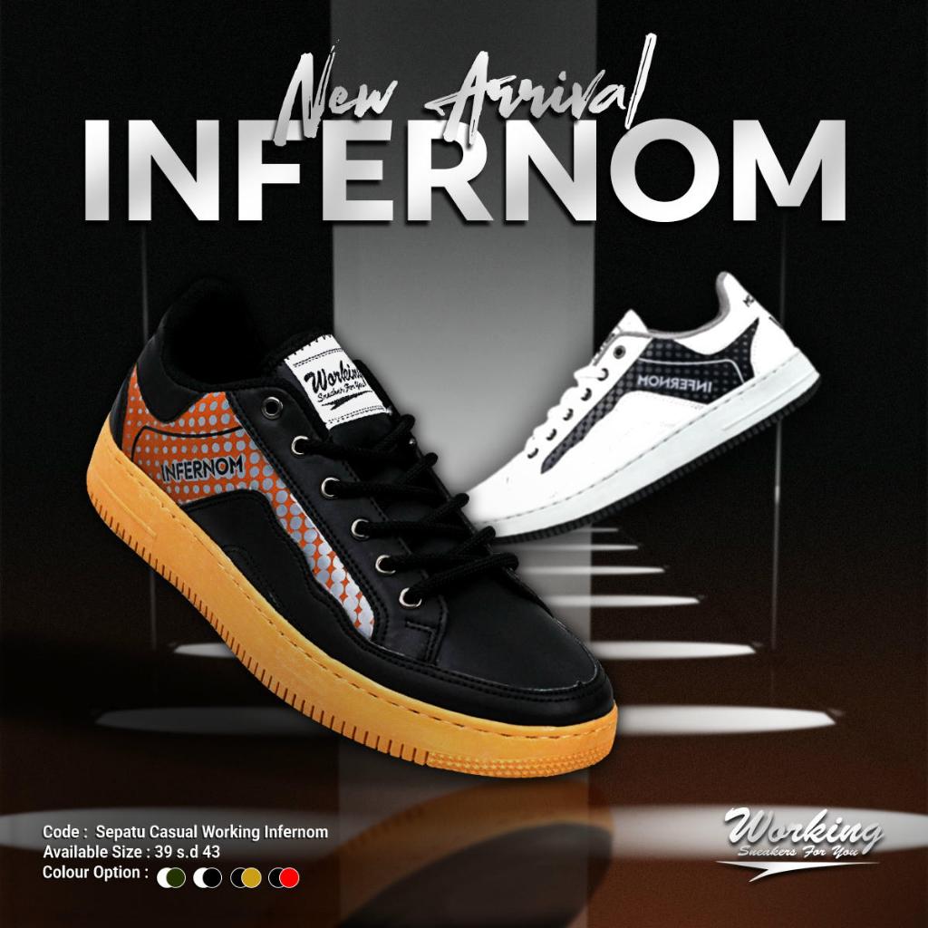 Spesifikasi Produk : * SEPATU SNEAKERS CODE WORKING INFERNOM * Ready Size 39.40.41.42.43 * Bahan PU 