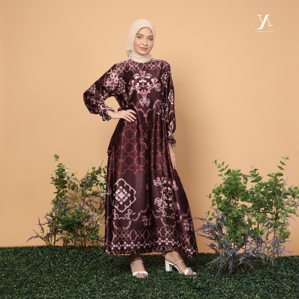 WLOV YANTI ADENI - Habiba Dress Maroon - Gamis Printing Warna Merah Elegan