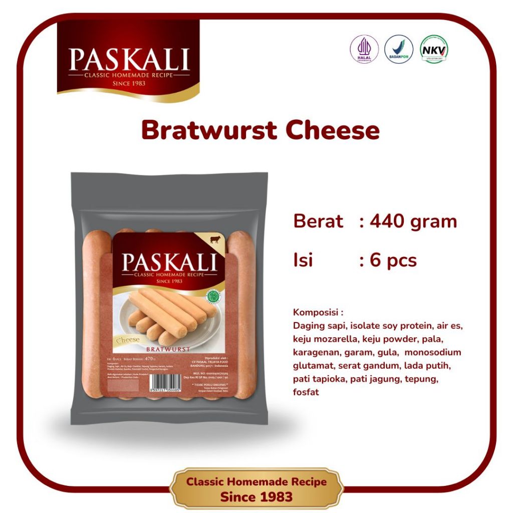 

Bratwurst Cheese Sosis Sapi Paskali 440 Gram Isi 6 Pcs