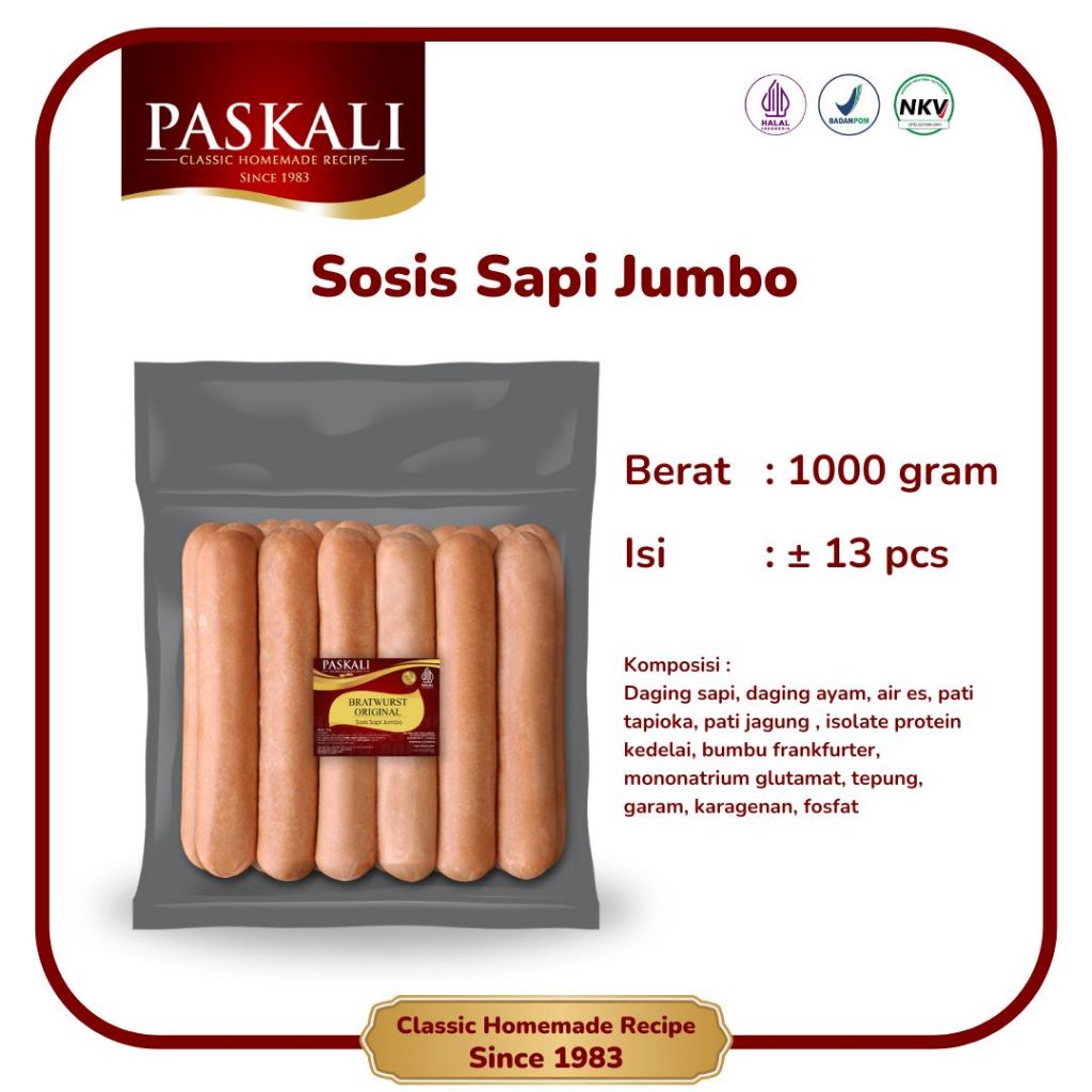 

Sosis Sapi Jumbo Paskali 1000 Gram Isi 13 Pcs