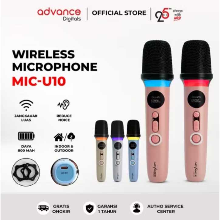 Advance Mic-U10 Wireless Microphone Dual RGB / Mic Wireless Tanpa Kabel / Mic Karaoke Free Cover Mic