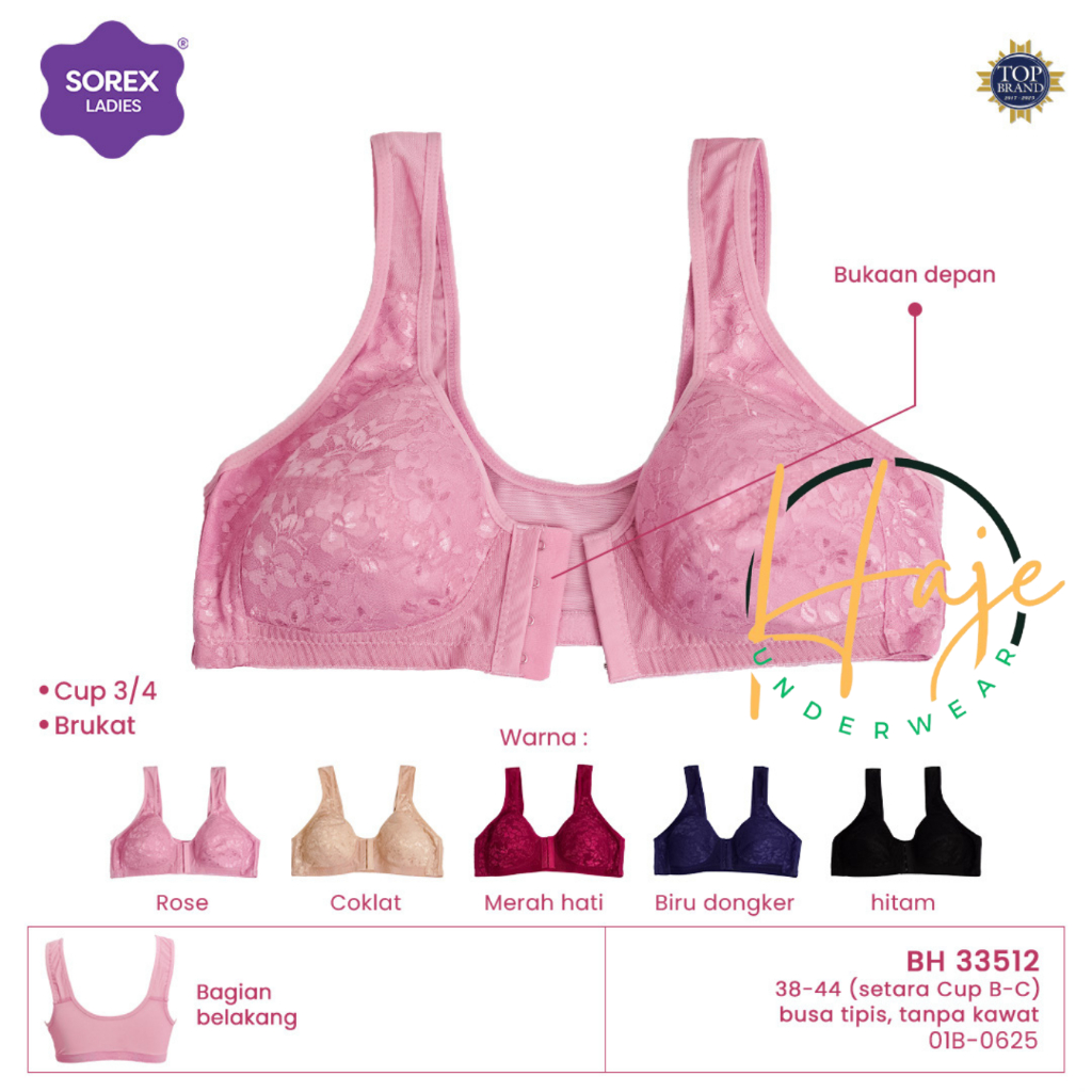 SOREX Bra BH Big Cup Tanpa Kawat Busa Brukat Renda Klasik Kait Depan Size 38, 40, 42, 44